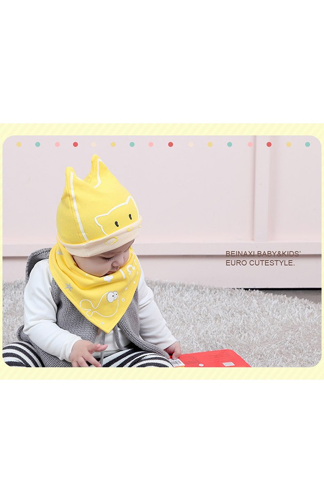 เซ็ตหมวกเด็กเล็กลายแมวเหมียวและปลา มาพร้อมผ้ากันเปื้อน จาก BEINAXI