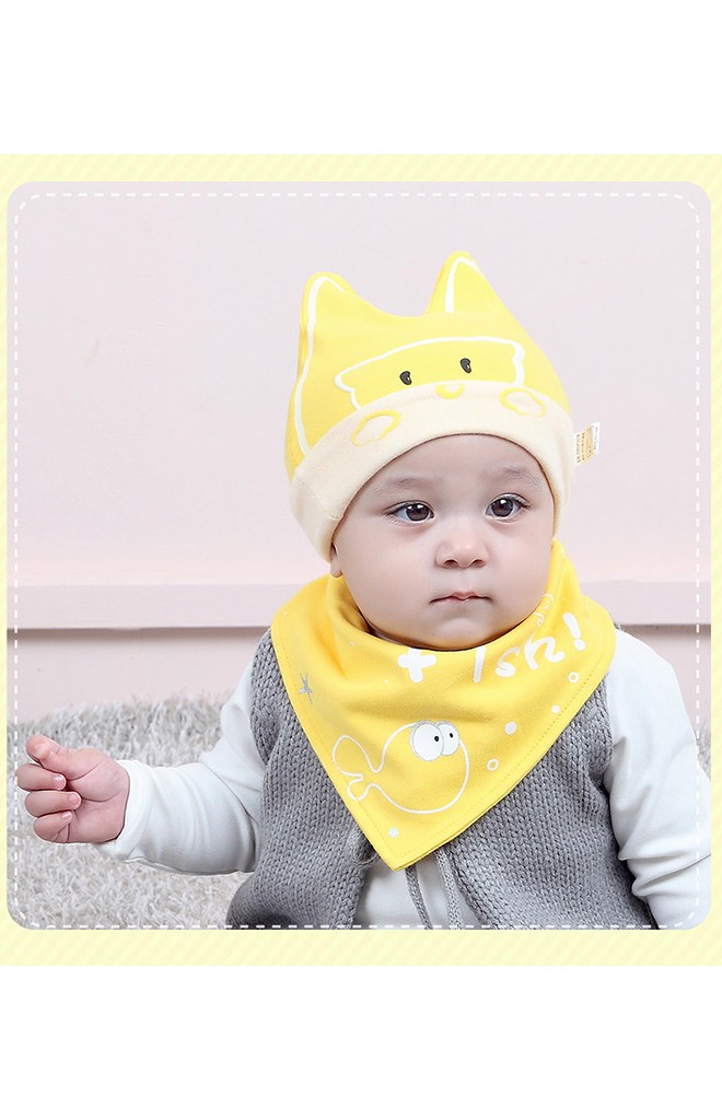 เซ็ตหมวกเด็กเล็กลายแมวเหมียวและปลา มาพร้อมผ้ากันเปื้อน จาก BEINAXI