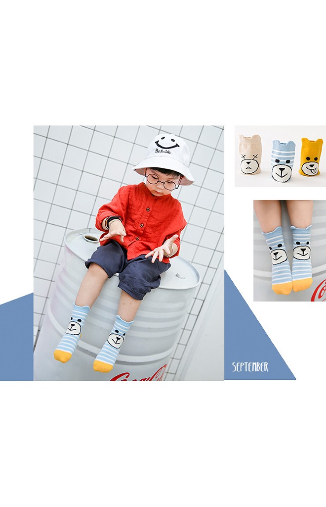 เซ็ตถุงเท้าเด็กแพ็ค 3 คู่ ลายหน้าหมีน้อย สีเบจ เหลือง และ ฟ้า