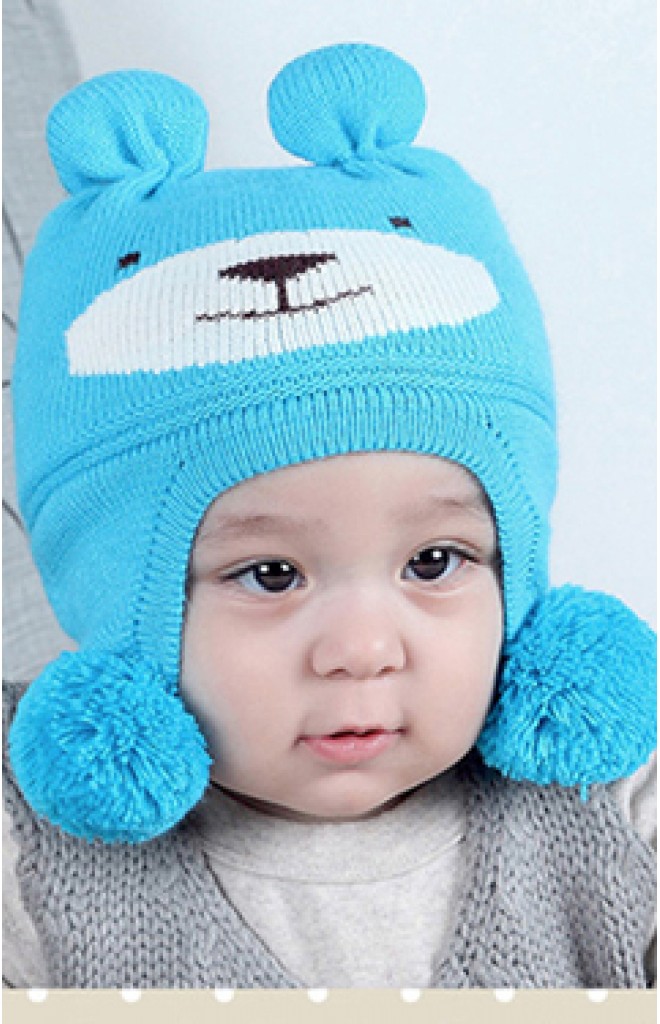 หมวกไหมพรมหน้าหมีน้อยด้านข้างแต่งปอมปอม BEINABEAR หมวกไหมพรมหน้าหมีน้อยด้านข้างแต่งปอมปอม BEINABEAR
