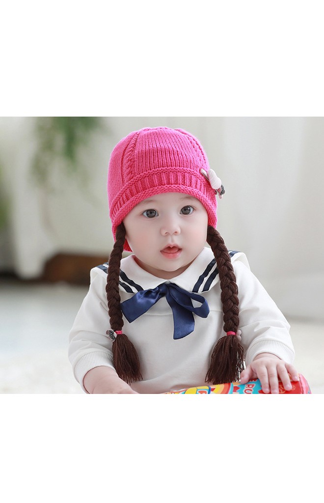 หมวกไหมพรมเปียแต่งกิ๊บหัวใจและดอกไม้ TUTUYA