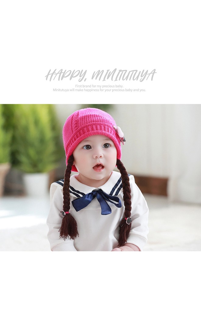 หมวกไหมพรมเปียแต่งกิ๊บหัวใจและดอกไม้ TUTUYA