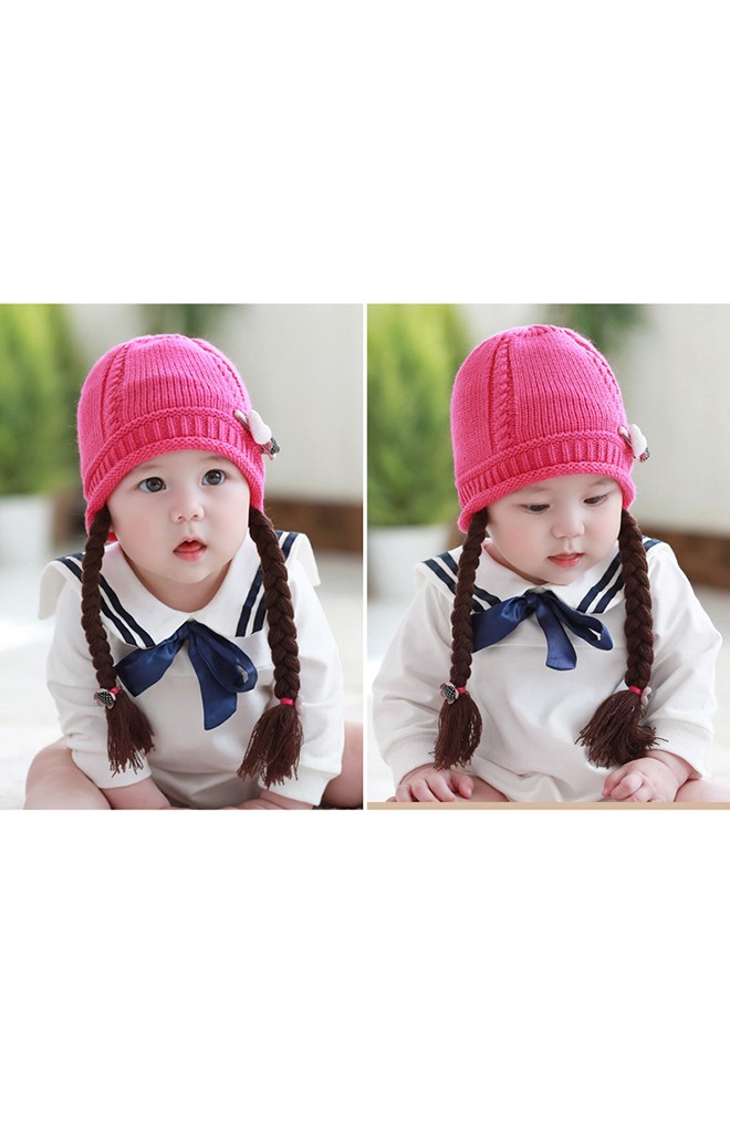 หมวกไหมพรมเปียแต่งกิ๊บหัวใจและดอกไม้ TUTUYA
