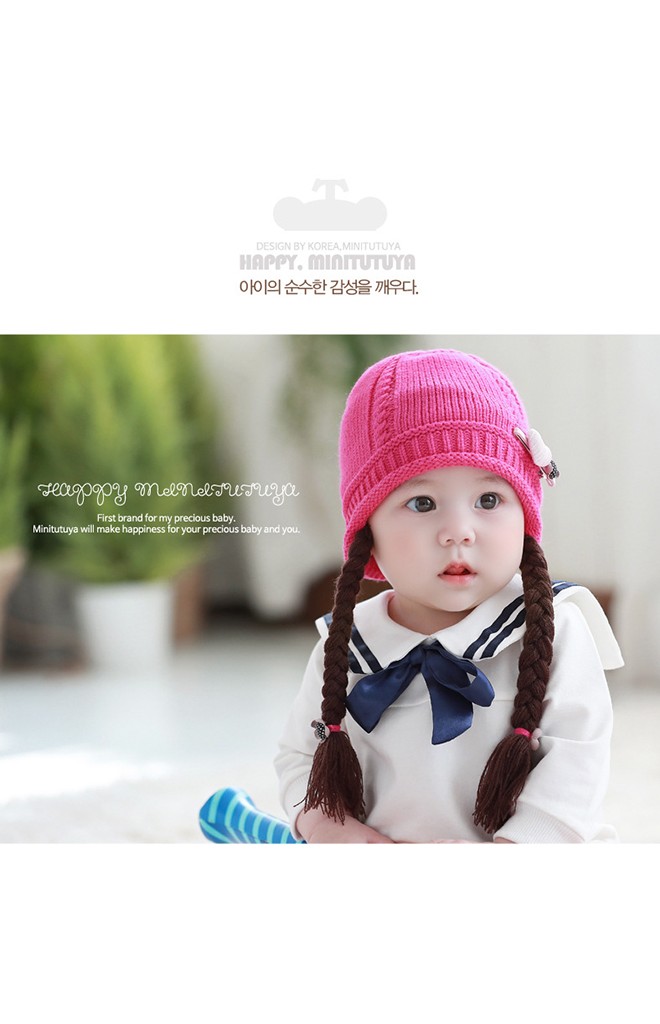 หมวกไหมพรมเปียแต่งกิ๊บหัวใจและดอกไม้ TUTUYA