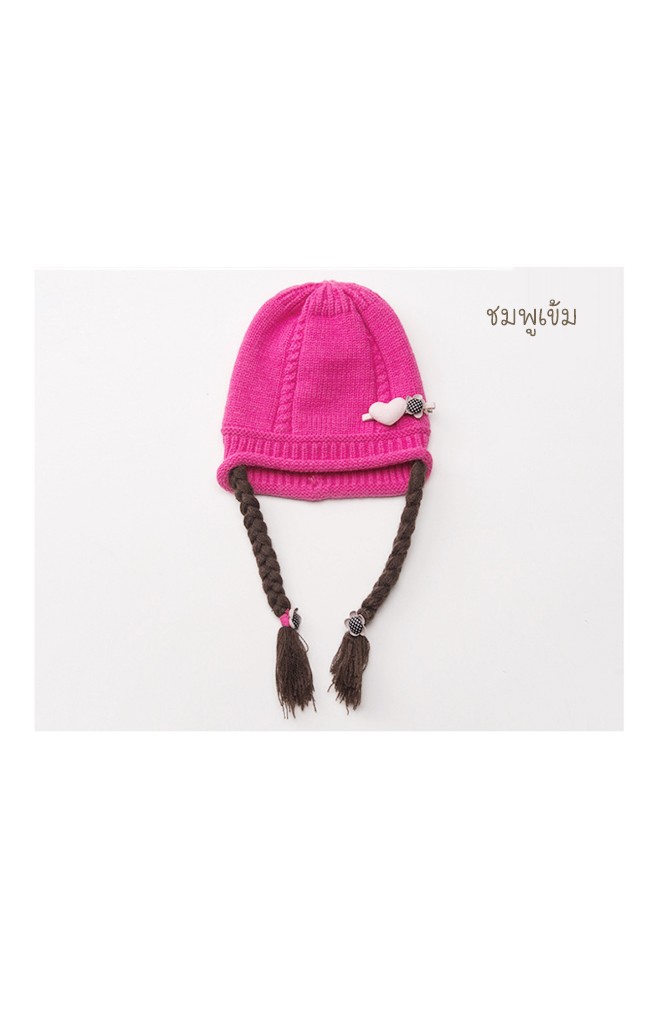 หมวกไหมพรมเปียแต่งกิ๊บหัวใจและดอกไม้ TUTUYA