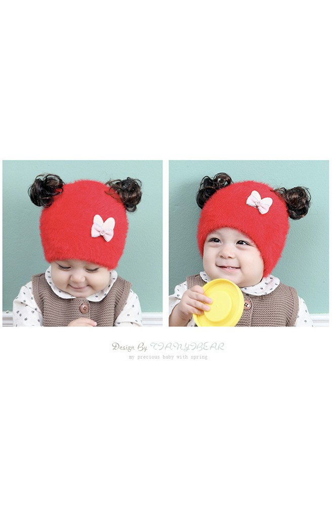 หมวกปอยผมไหมพรมกำมะหยี่ แต่งโบว์เล็กน่ารัก TIANYIBEAR