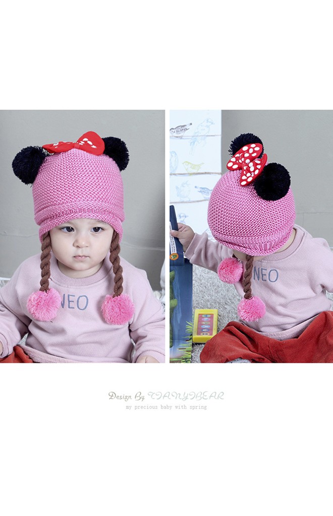 หมวกไหมพรมเปียแต่งโบว์แดงลายจุด TAINYIBEAR