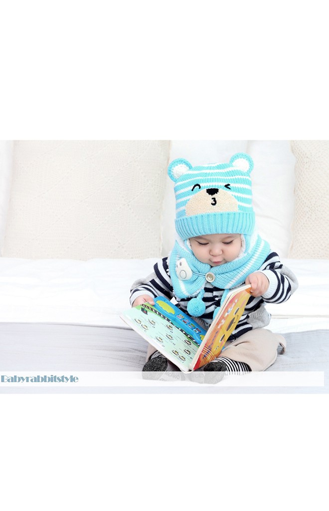 เซ็ตหมวกไหมพรมเสือน้อยลายขวางมาพร้อมผ้าพันคอ