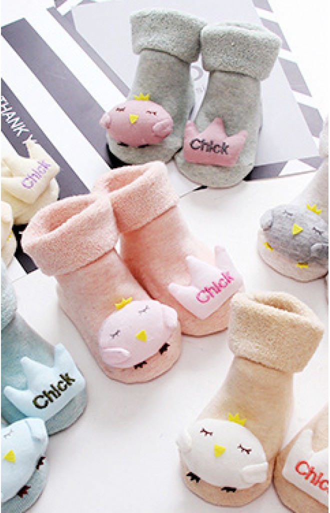 ถุงเท้าเด็กแบบหนาแต่งลูกเจี๊ยบนูนปักอักษร Chick ถุงเท้าเด็กแบบหนาแต่งลูกเจี๊ยบนูนปักอักษร Chick