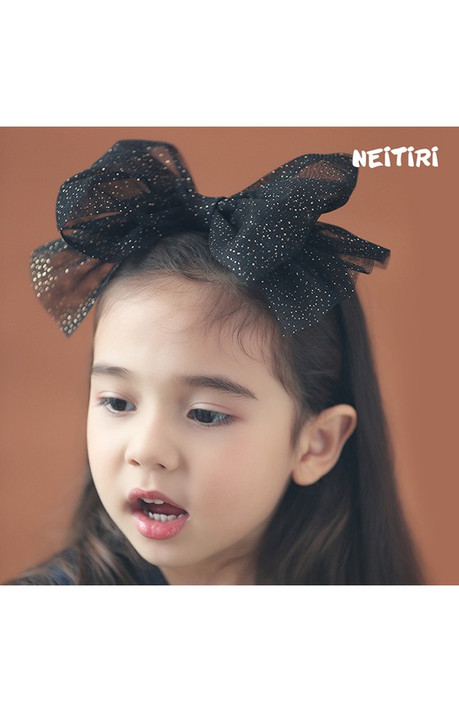 ที่คาดผมสาวน้อยโบว์ใหญ่ผ้าโปร่งเลื่อมทอง Angel Neitiri