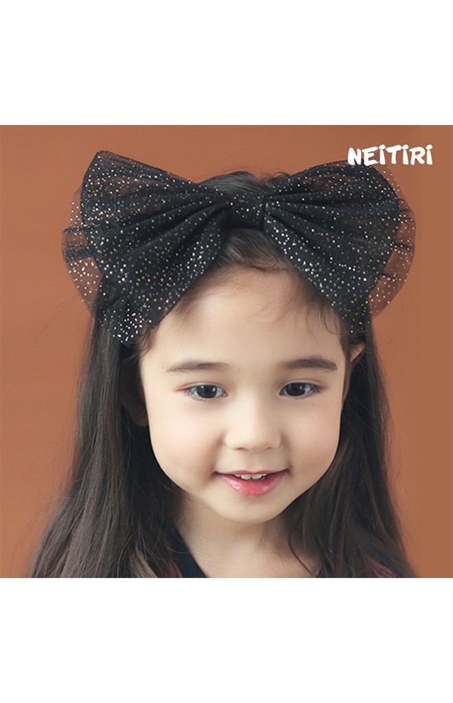 ที่คาดผมสาวน้อยโบว์ใหญ่ผ้าโปร่งเลื่อมทอง Angel Neitiri