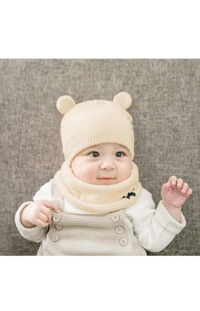 เซ็ตหมวกบีนนี่หมีน้อยแต่งหูน่ารักมาพร้อมผ้าสวมคอ GZMM