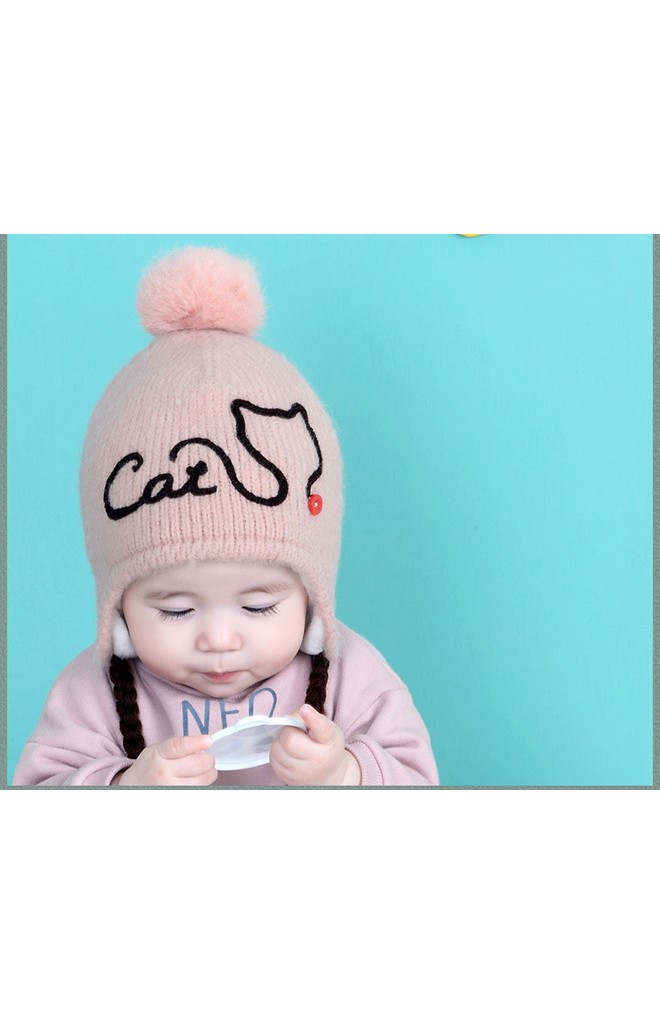 หมวกไหมพรม Cat ด้านบนแต่งปอมขนมิ้ง