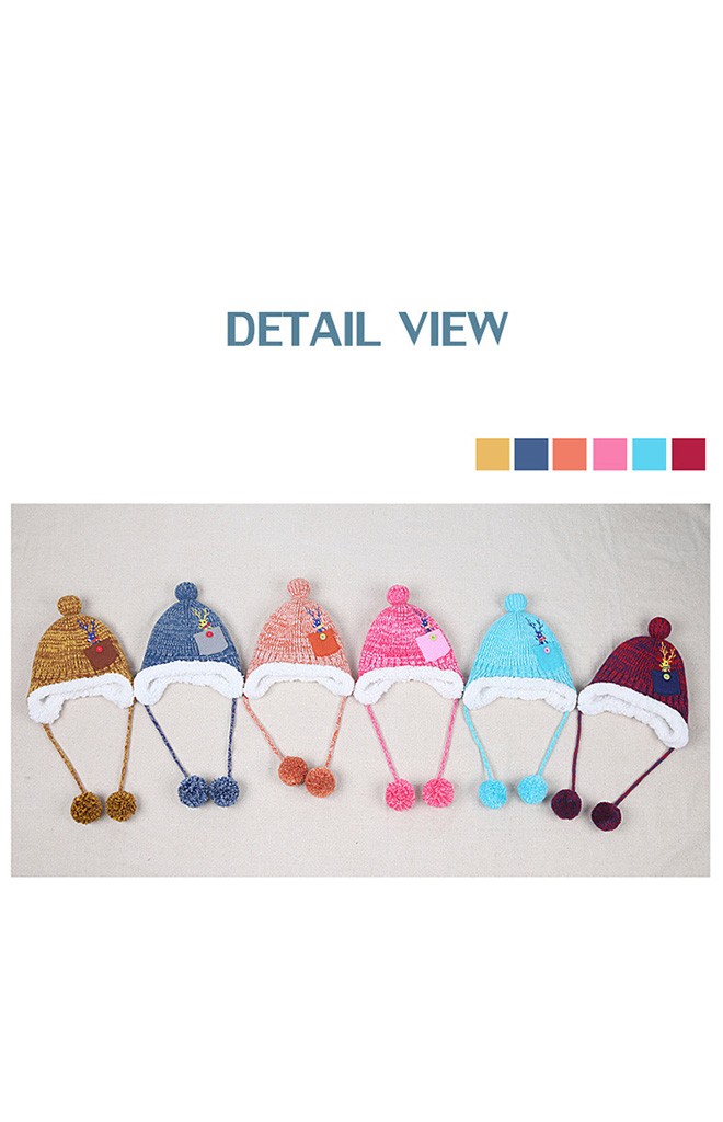 หมวกไหมพรมสีเหลือบ หน้าแต่งกระเป๋าปักรูปกวาง