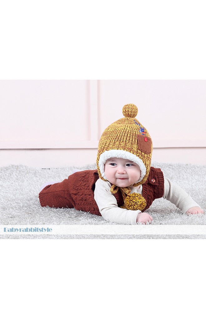 หมวกไหมพรมสีเหลือบ หน้าแต่งกระเป๋าปักรูปกวาง