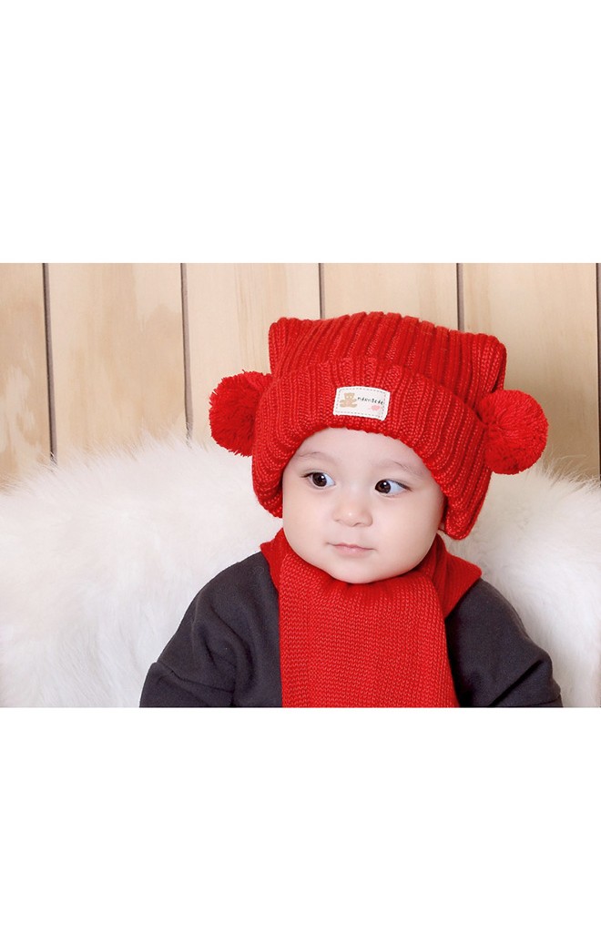 หมวกไหมพรมเด็กพับขอบแต่งปอมปอมข้าง TIANYIBEAR (เฉพาะหมวก)