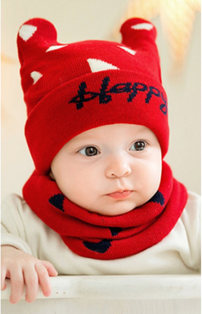 เซ็ตหมวกหูกระต่ายลายสามเหลี่ยมอักษร Happy พร้อมผ้าสวมคอ GZMM เซ็ตหมวกหูกระต่ายลายสามเหลี่ยมอักษร Happy พร้อมผ้าสวมคอ GZMM