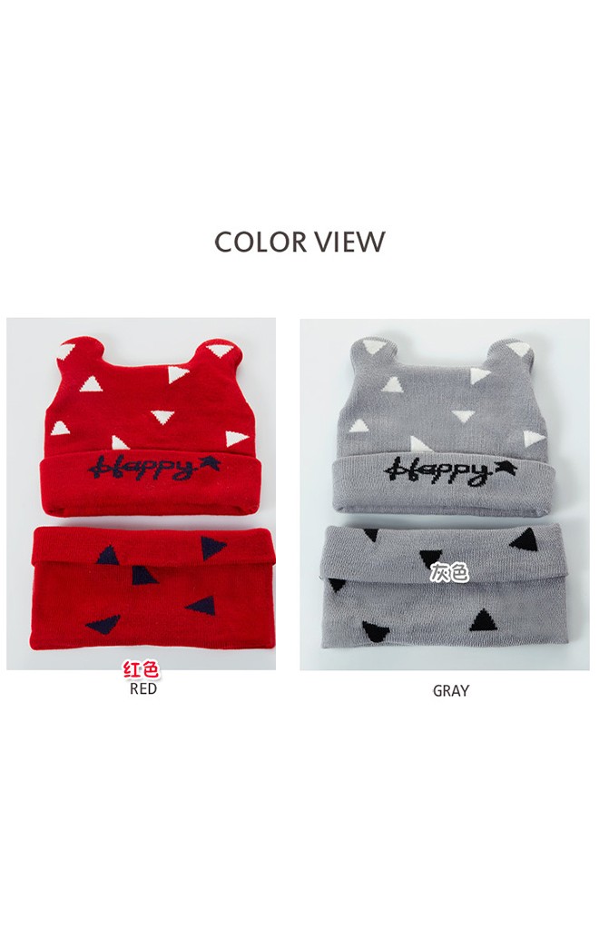 เซ็ตหมวกหูกระต่ายลายสามเหลี่ยมอักษร Happy พร้อมผ้าสวมคอ GZMM
