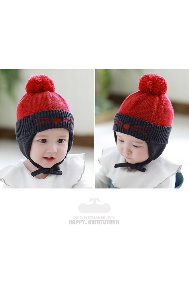 หมวกไหมพรมหน้าแมว บนแต่งปอมปอม TUTUYA