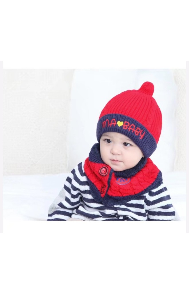 เซ็ตหมวกไหมพรมยอดแหลมปัก MA love BABY