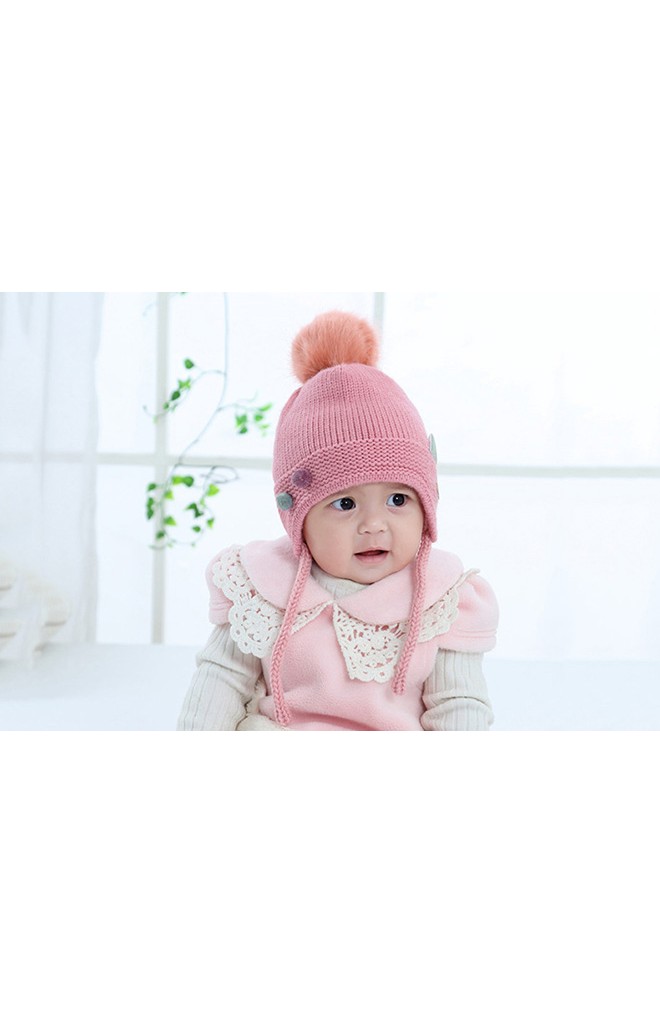 หมวกไหมพรมเด็กด้านหน้าแต่งปอมคู่เล็กๆ ด้านข้างแต่งหูน่ารัก