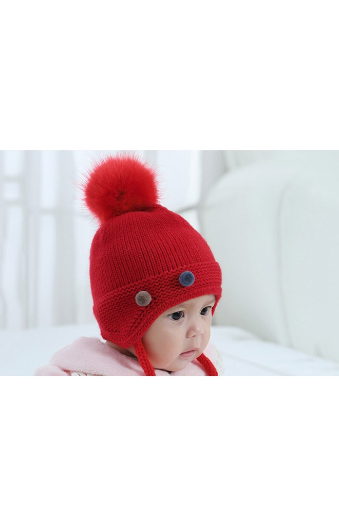 หมวกไหมพรมเด็กด้านหน้าแต่งปอมคู่เล็กๆ ด้านข้างแต่งหูน่ารัก