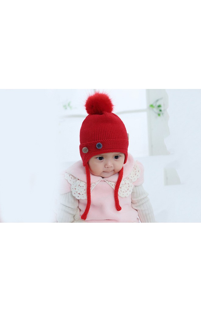 หมวกไหมพรมเด็กด้านหน้าแต่งปอมคู่เล็กๆ ด้านข้างแต่งหูน่ารัก