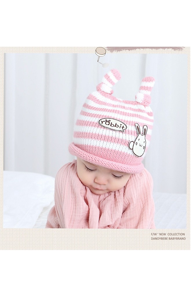 หมวกไหมพรมเด็กลายขวางแต่งกระต่ายน้อยDANDY BEBE
