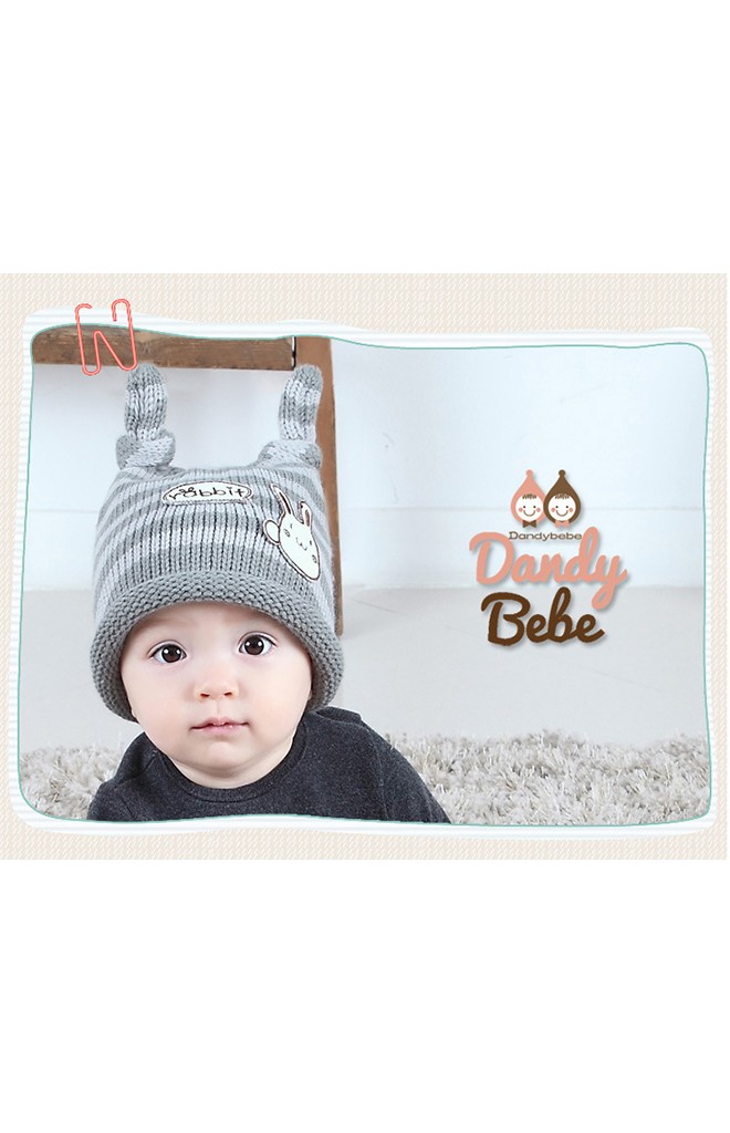 หมวกไหมพรมเด็กลายขวางแต่งกระต่ายน้อยDANDY BEBE