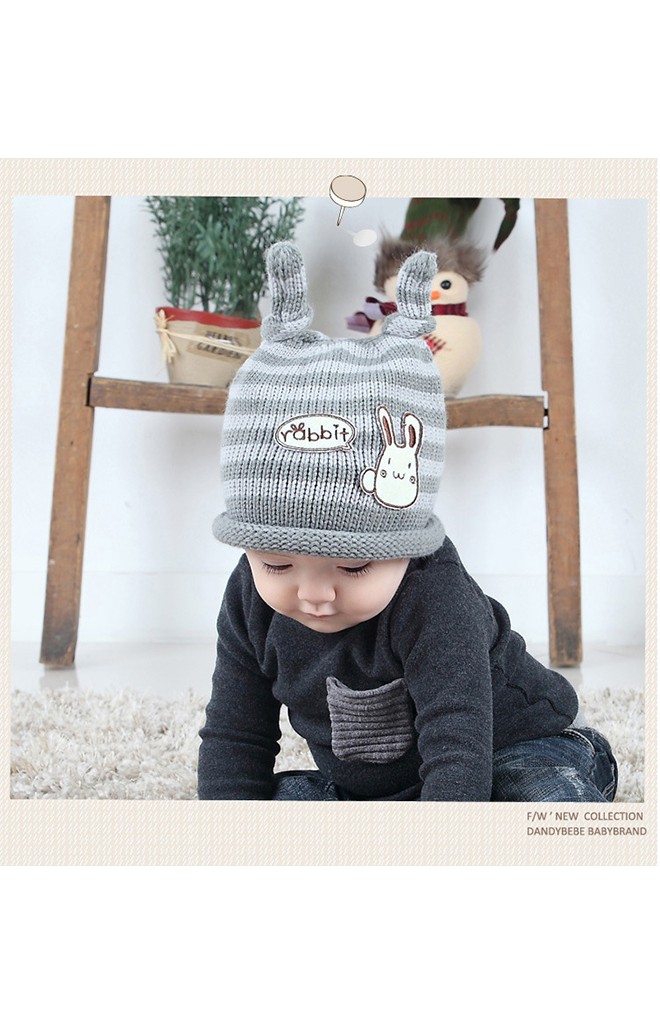 หมวกไหมพรมเด็กลายขวางแต่งกระต่ายน้อยDANDY BEBE