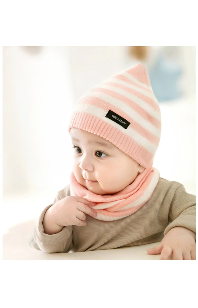 เซ็ตหมวกเด็กยอดแหลมลายขวางมาพร้อมผ้าสวมคอ GZMM