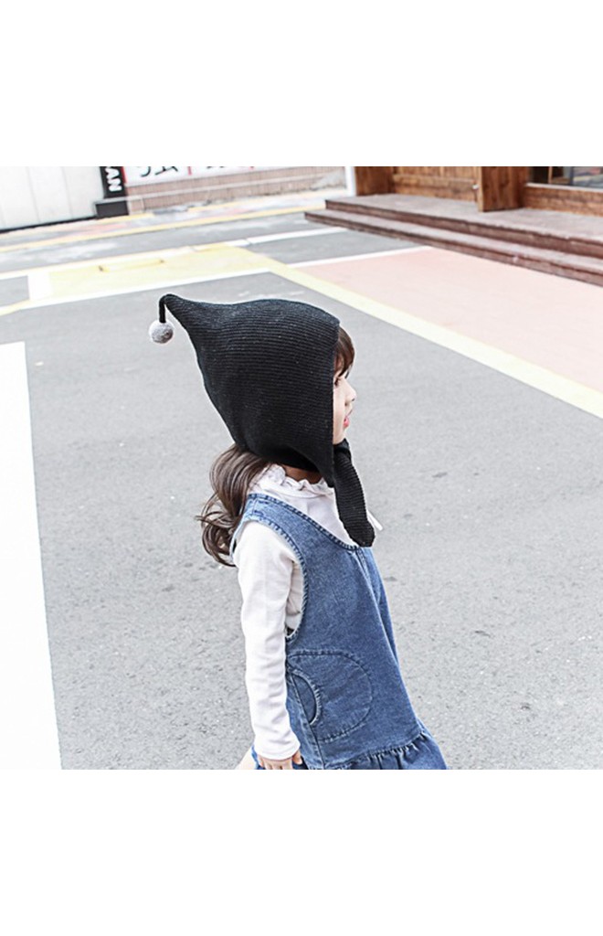 หมวกไหมพรมสาวน้อยยอดแหลม ปลายล่างยาวผูกเป็นโบว์
