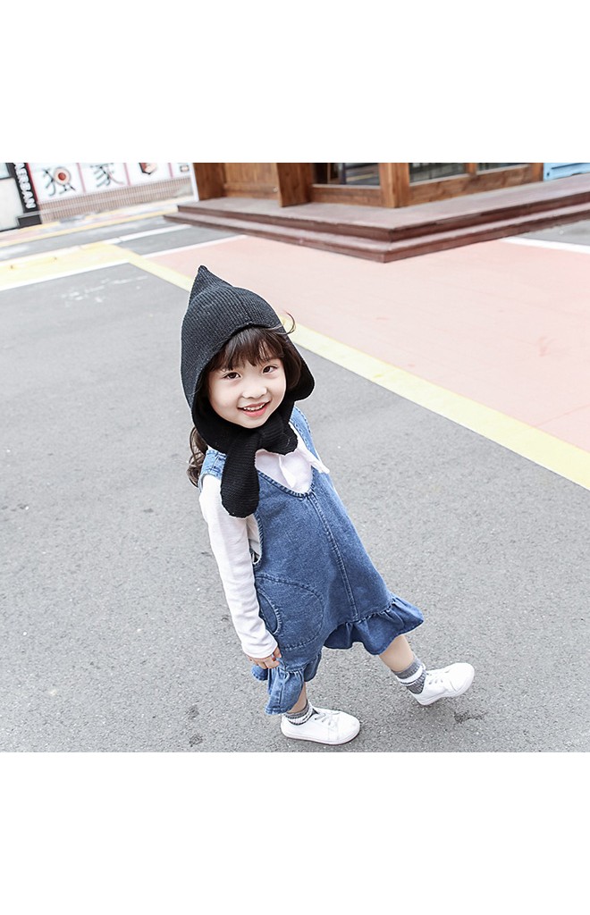 หมวกไหมพรมสาวน้อยยอดแหลม ปลายล่างยาวผูกเป็นโบว์