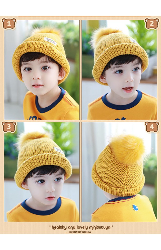 หมวกไหมพรมพับขอบบนแต่งปอมปอมขนมิ้ง TUTUYA