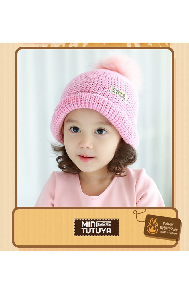 หมวกไหมพรมพับขอบบนแต่งปอมปอมขนมิ้ง TUTUYA