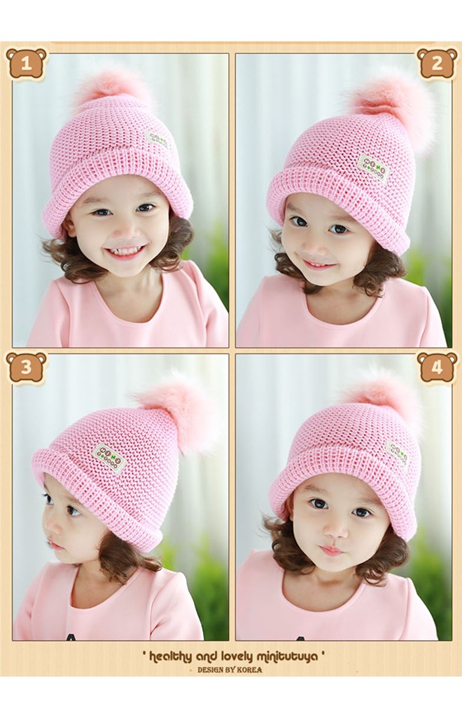 หมวกไหมพรมพับขอบบนแต่งปอมปอมขนมิ้ง TUTUYA