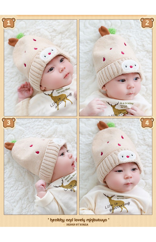 หมวกไหมพรมสีเบจปักฝนดาวตกและหน้าตุ๊กตา TUTUYA