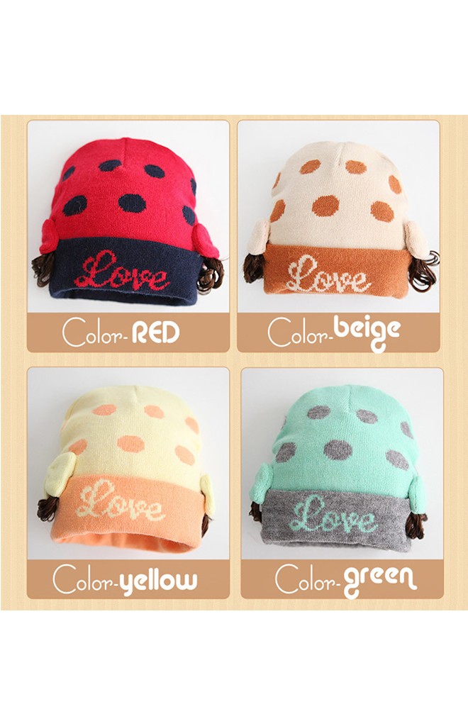 หมวก Love หมวกไหมพรมลายจุดข้างแต่งโบว์และผมปลอม TUTUYA