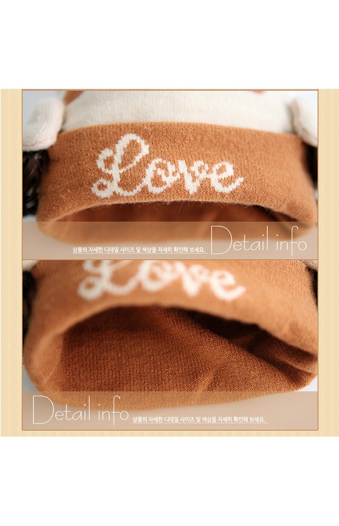 หมวก Love หมวกไหมพรมลายจุดข้างแต่งโบว์และผมปลอม TUTUYA