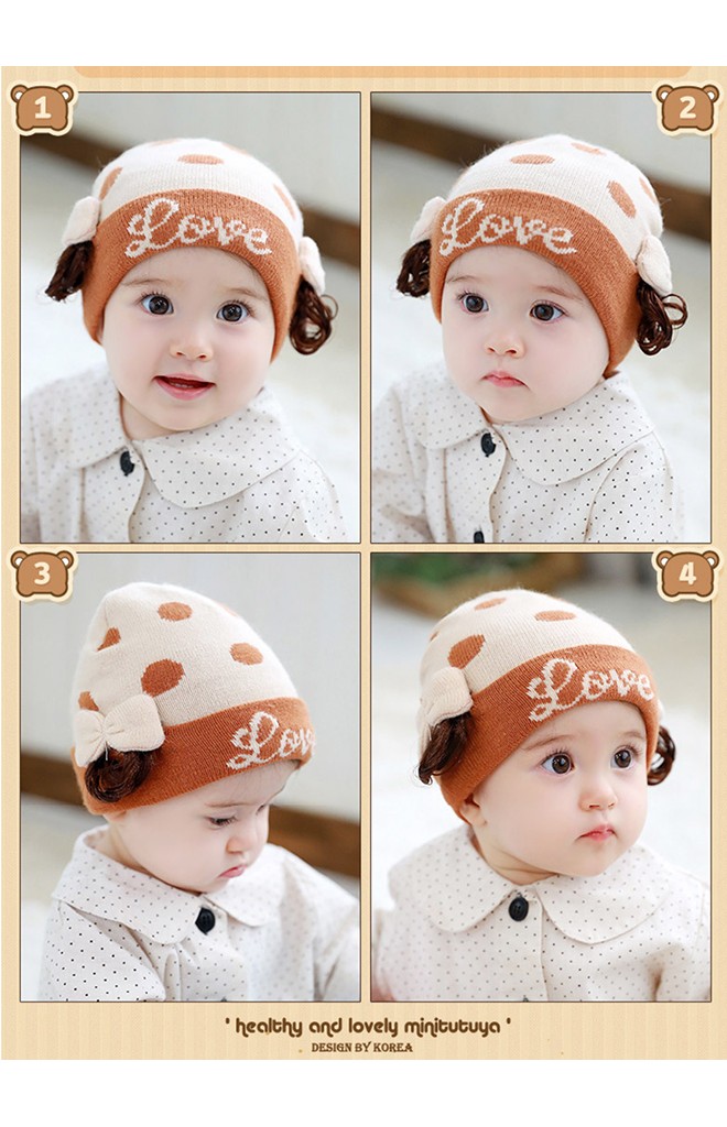 หมวก Love หมวกไหมพรมลายจุดข้างแต่งโบว์และผมปลอม TUTUYA