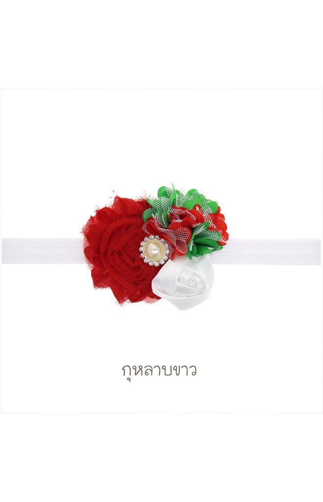 สายคาดผมดอกไม้และกุหลาบตูม โทนเขียวแดง