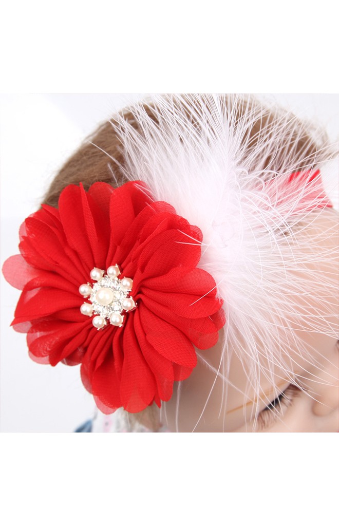 สายคาดผมดอกไม้สีแดงเกสรมุกเทียมแต่งขนนก