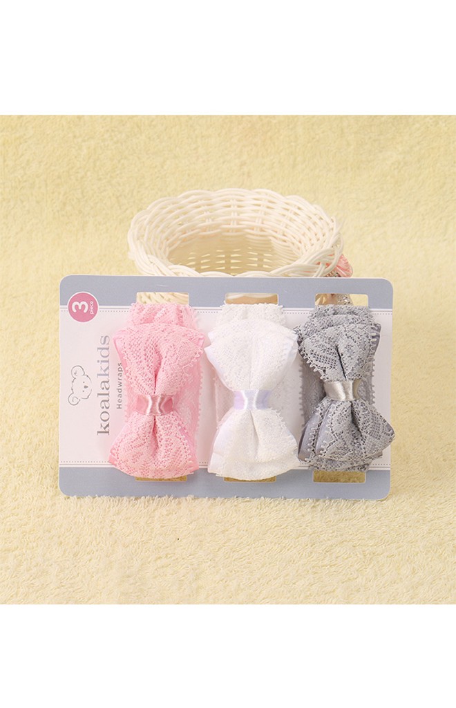 สายคาดผมโบว์ลูกไม้ซ้อน แพ็ค 3 ชิ้น เทา ขาว และ ชมพู