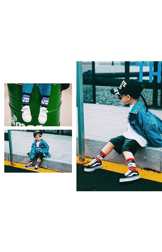 ถุงเท้าเด็กลายอักษร HELLO ไม่มีกันลื่น