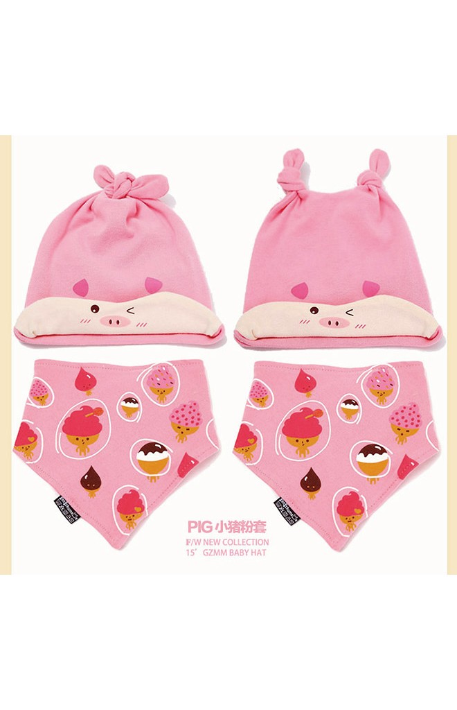 เซ็ตหมวกเด็กเล็กลายหมูน้อยสีชมพู