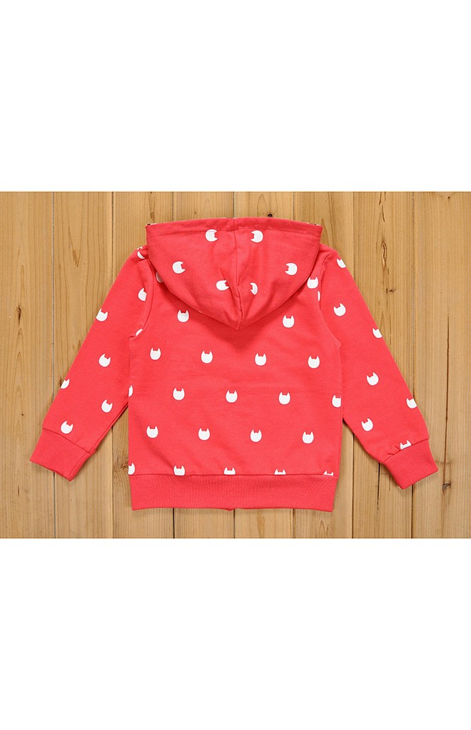 เสื้อคลุมเด็กแขนยาวมีฮู้ดสีแดง สกรีนลายแมว ซิบหน้า