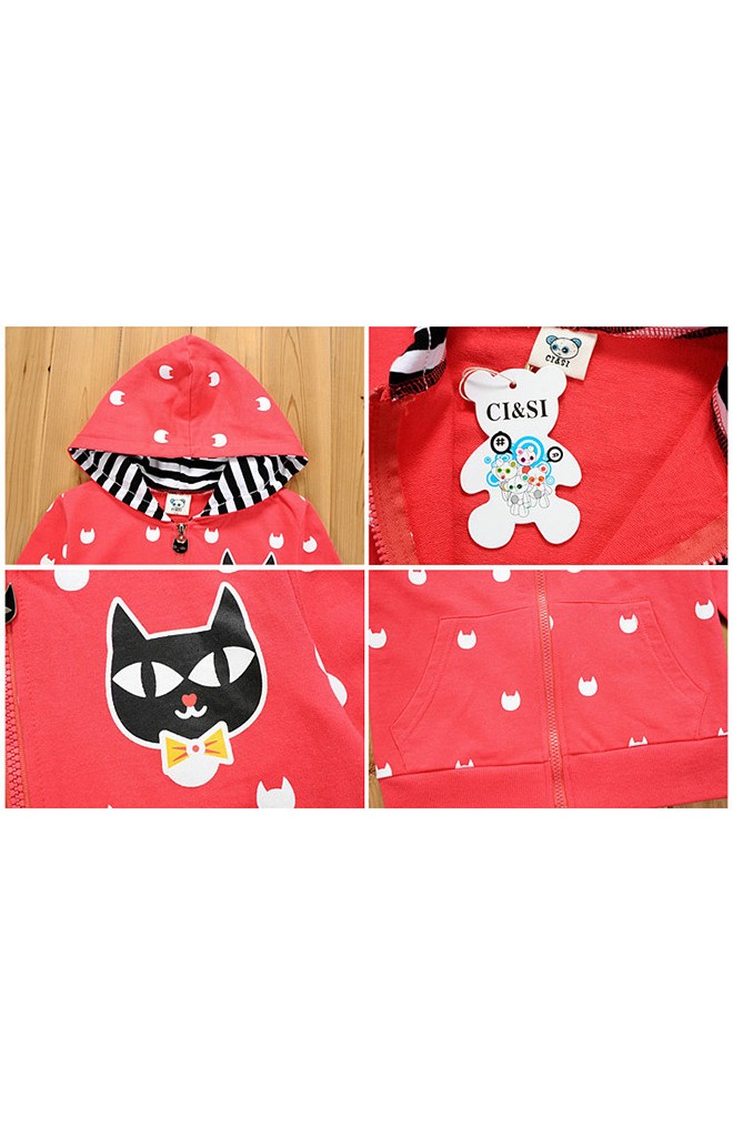 เสื้อคลุมเด็กแขนยาวมีฮู้ดสีแดง สกรีนลายแมว ซิบหน้า