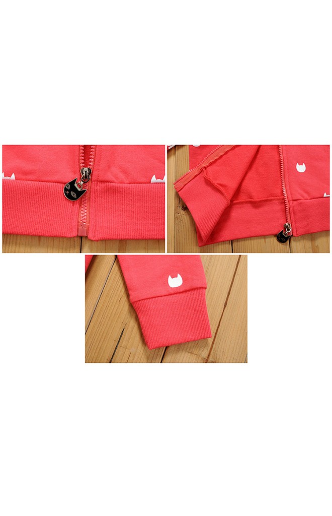 เสื้อคลุมเด็กแขนยาวมีฮู้ดสีแดง สกรีนลายแมว ซิบหน้า