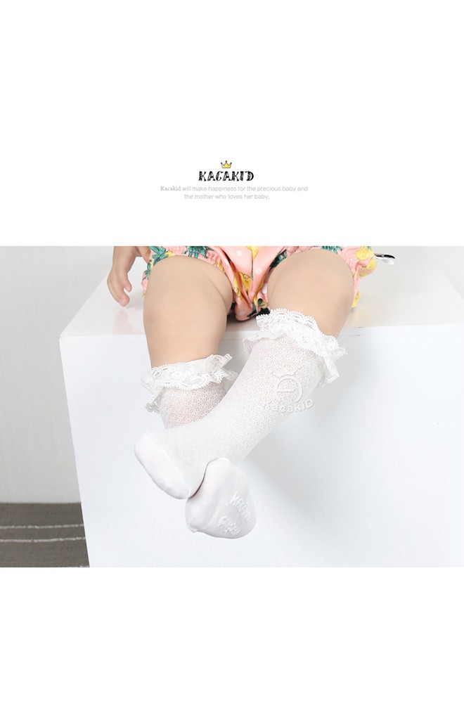 ถุงเท้าเด็กหญิงแบบบางขอบระบายลูกไม้ มีกันลื่น