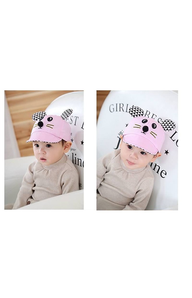 หมวกแก๊ปเด็กปักหน้าหนูน้อย แต่งปีกหมวกและหูลายสามเหลี่ยม
